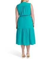 Donna Karan Plus Size V-Neck Button Front Midi Dress