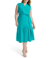 Donna Karan Plus Size V-Neck Button Front Midi Dress