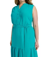 Donna Karan Plus Size V-Neck Button Front Midi Dress