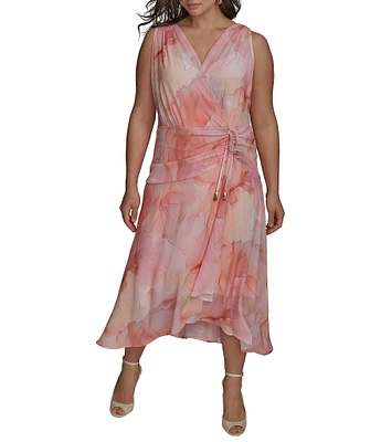 Donna Karan Plus Size V-Neck Floral Print Sleeveless Chiffon Wrap Dress
