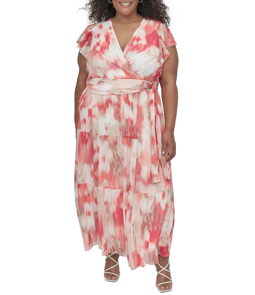 Donna Karan Plus Size V-Neck Flutter Sleeve Tiered A Line Dress
