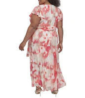 Donna Karan Plus Size V-Neck Flutter Sleeve Tiered A Line Dress
