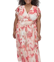 Donna Karan Plus Size V-Neck Flutter Sleeve Tiered A Line Dress