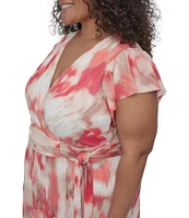 Donna Karan Plus Size V-Neck Flutter Sleeve Tiered A Line Dress