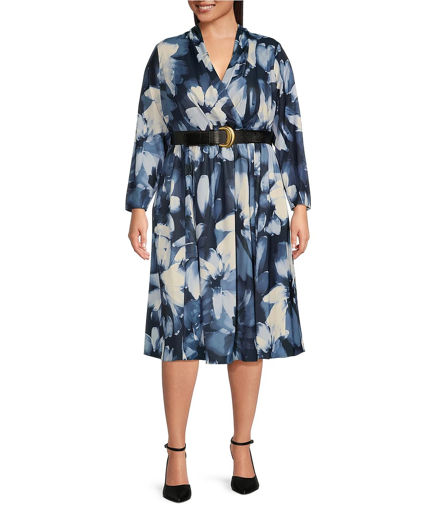 Donna Karan Plus Size V-Neck Long Sleeve Belted Fit and Flare Midi Dress