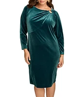 Donna Karan Plus Size Velvet Boat Neck Long Sleeve Hardware Sheath Dress