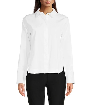 Donna Karan Point Collar Long Sleeve Framed Hem Button Front Shirt