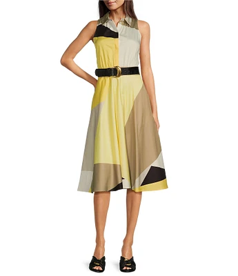 Donna Karan Point Collar Sleeveless Button Front Belted Midi Dress