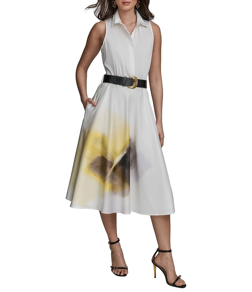 Donna Karan Point Collar Sleeveless Soft Cotton Floral Print Dress