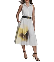 Donna Karan Point Collar Sleeveless Soft Cotton Floral Print Dress