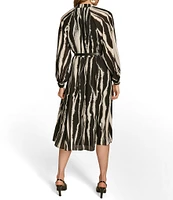 Donna Karan Printed Chiffon V-Neck Blouson Sleeve Belted A-Line Dress