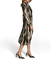 Donna Karan Printed Chiffon V-Neck Blouson Sleeve Belted A-Line Dress