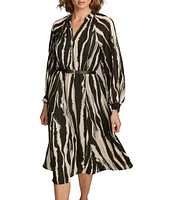 Donna Karan Printed Chiffon V-Neck Blouson Sleeve Belted A-Line Dress