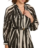 Donna Karan Printed Chiffon V-Neck Blouson Sleeve Belted A-Line Dress