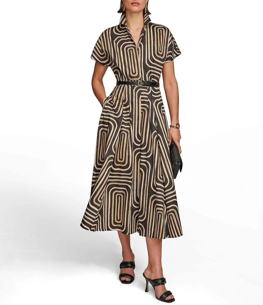 Donna Karan Abstract Print Collared Short Sleeve Midi Shirt Dress