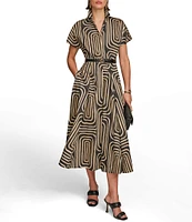 Donna Karan Abstract Print Collared Short Sleeve Midi Shirt Dress