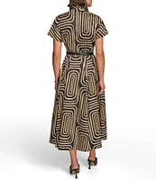 Donna Karan Abstract Print Collared Short Sleeve Midi Shirt Dress