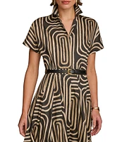 Donna Karan Abstract Print Collared Short Sleeve Midi Shirt Dress