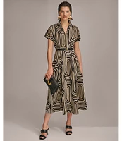 Donna Karan Abstract Print Collared Short Sleeve Midi Shirt Dress