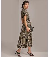 Donna Karan Abstract Print Collared Short Sleeve Midi Shirt Dress