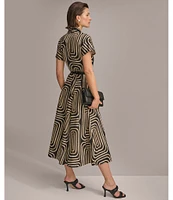 Donna Karan Abstract Print Collared Short Sleeve Midi Shirt Dress