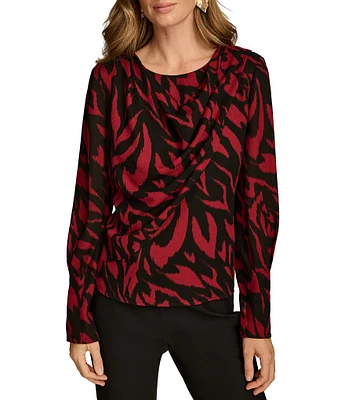 Donna Karan Printed Crew Neck Long Sleeve Wide Cuff Draped Top