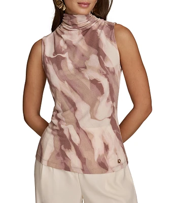 Donna Karan Printed Draped Mock Neck Straight Hem Sleeveless Top