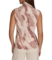 Donna Karan Printed Draped Mock Neck Straight Hem Sleeveless Top