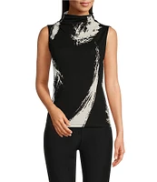 Donna Karan Printed Draped Mock Neck Sleeveless Top