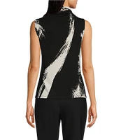 Donna Karan Printed Draped Mock Neck Sleeveless Top