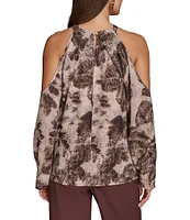 Donna Karan Printed Georgette Halter Neck Cold Shoulder Long Sleeve Top