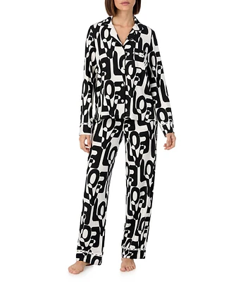 Donna Karan Printed Long Sleeve Notch Collar Knit Pant Pajama Set