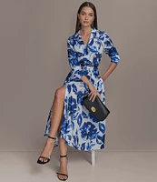 Donna Karan Printed Notch Collar Long Sleeve Belted Shirtdress