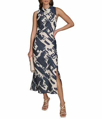 Donna Karan Printed Satin Back Crepe Cowl Neck Sleeveless Side Slit A-Line Midi Dress