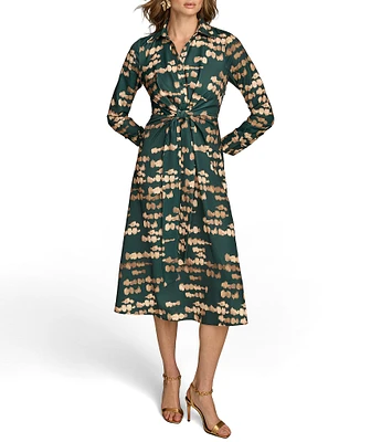 Donna Karan Printed Satin Point Collar Long Sleeve Front Dress