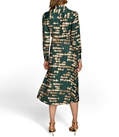 Donna Karan Printed Satin Point Collar Long Sleeve Front Dress