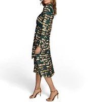 Donna Karan Printed Satin Point Collar Long Sleeve Front Dress