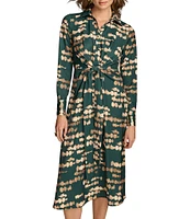 Donna Karan Printed Satin Point Collar Long Sleeve Front Dress