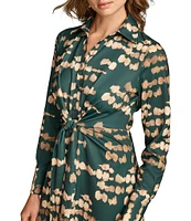 Donna Karan Printed Satin Point Collar Long Sleeve Front Dress