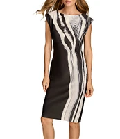 Donna Karan Printed Scuba Boat Neck Cap Sleeve Sheath Dress