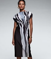 Donna Karan Printed Scuba Boat Neck Cap Sleeve Sheath Dress