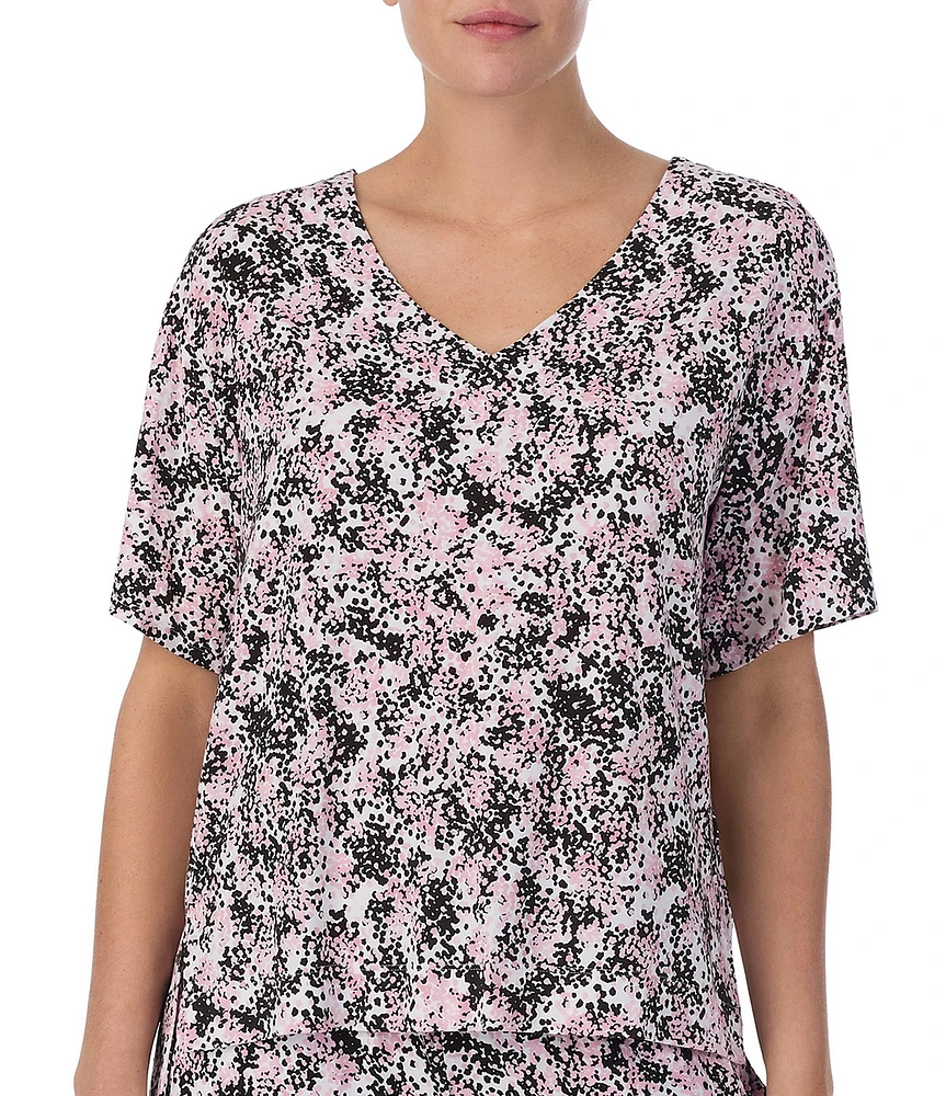 Donna Karan Printed Short Sleeve V-Neck Jersey Knit Sleep Top