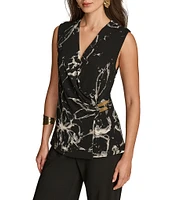 Donna Karan Printed Sleeveless Hardware Embellished Faux Wrap Top