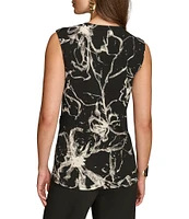 Donna Karan Printed Sleeveless Hardware Embellished Faux Wrap Top