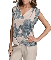 Donna Karan Printed V-Neck Cap Sleeve Top