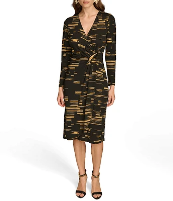 Donna Karan Printed V-Neck Long Sleeve Faux Wrap Midi Dress