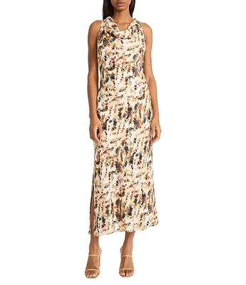 Donna Karan Printed Woven Cowl Neck Sleeveless Column Midi Dress