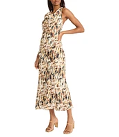 Donna Karan Printed Woven Cowl Neck Sleeveless Column Midi Dress