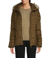 Donna Karan Quilted Faux Fur Hooded Long Sleeve Water Resistant Puffer Coat