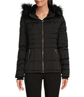 Donna Karan Quilted Faux Fur Hooded Long Sleeve Water Resistant Puffer Coat